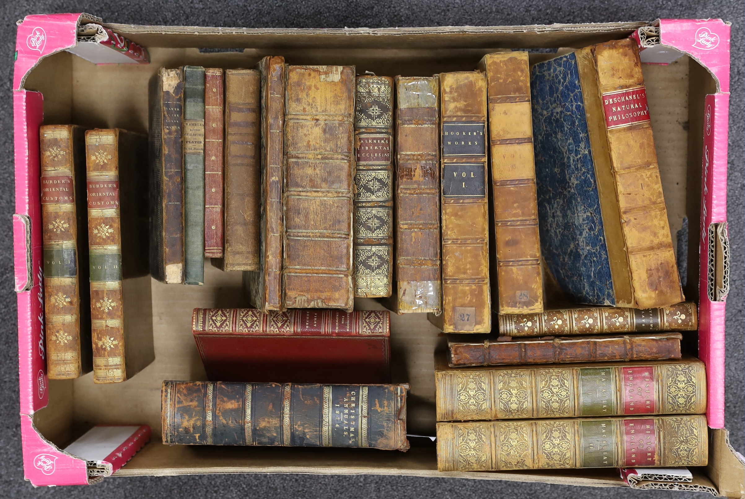 Old Leather - a miscellany; includes Taylor, Rev. Isaac - Scenes in Asia ..., 2nd edition, folded coloured map and plates; original pictorial boards, 1821; Brookes, R. - The General Gazetter ..., 2nd edition, folded maps